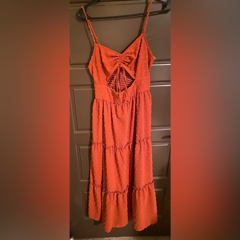 Rust Red Tiered Smocked Dress with Eyelet Detail